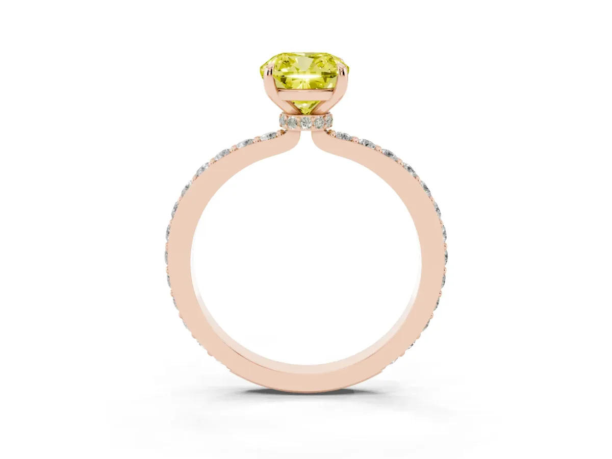 Fancy Yellow Cushion Cut Diamond Solitaire Engagement Ring with Pavé Band and Four-Prong Setting Rose gold