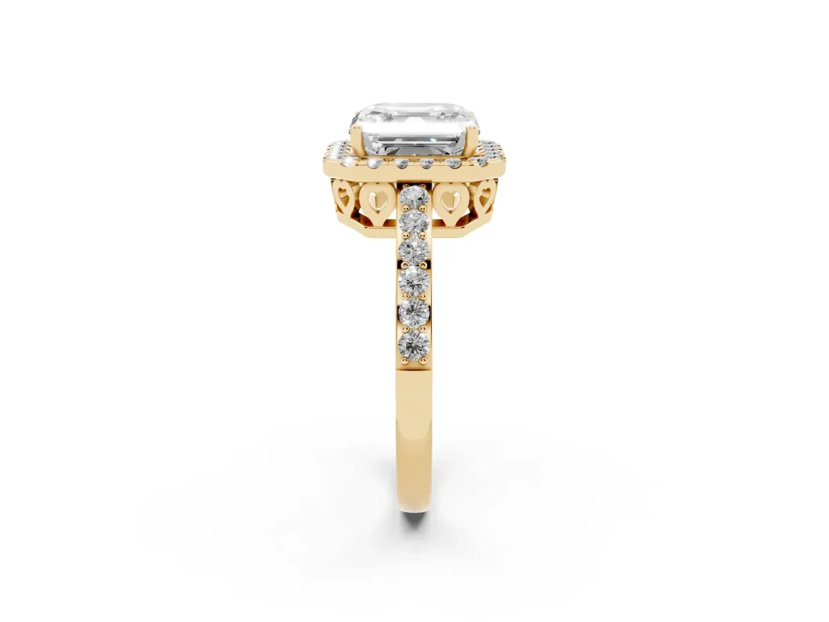 Asscher Cut Halo Diamond Pavé Band Ring with Prong Setting Yellow gold