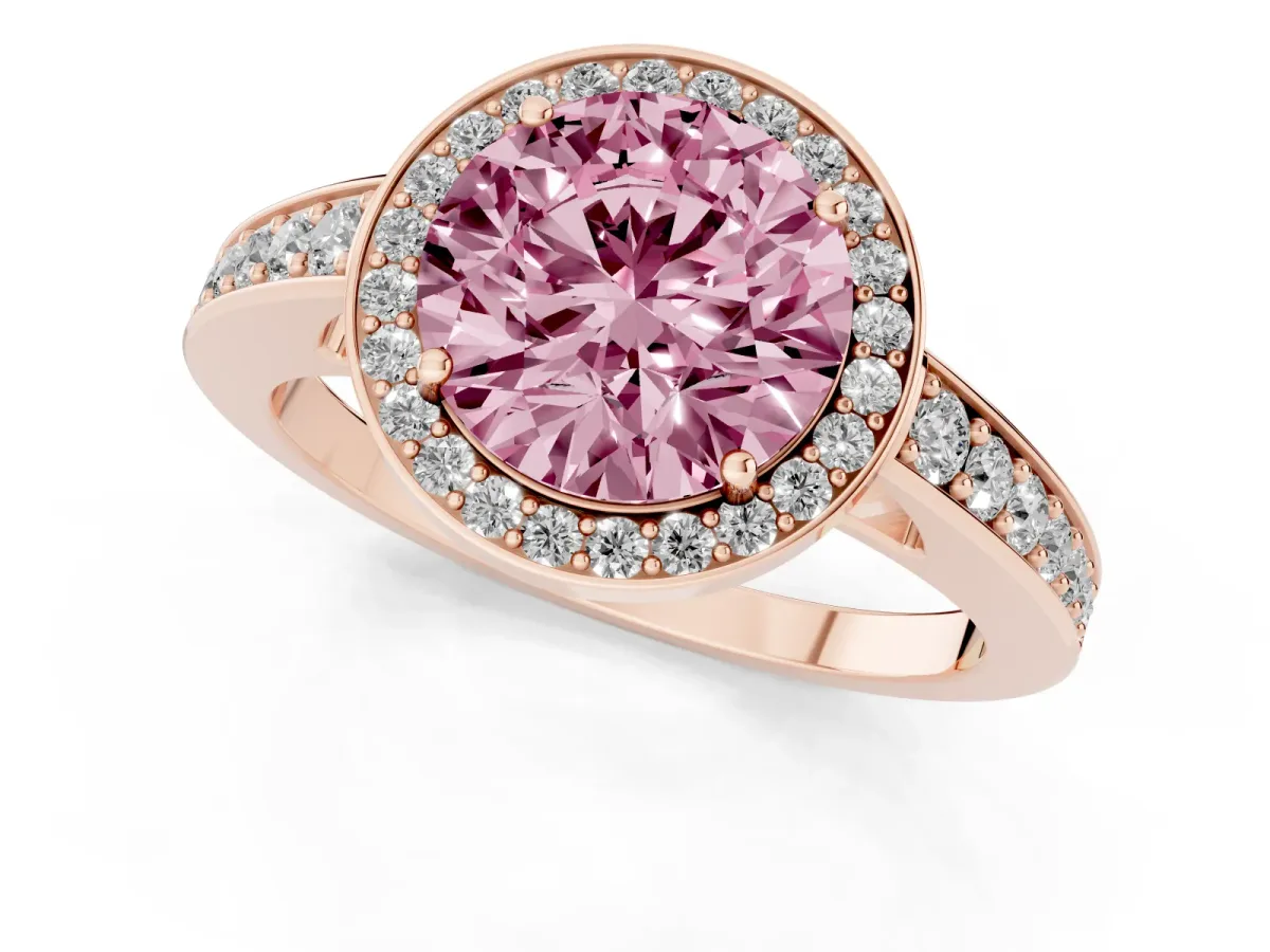 Fancy Pink Round Cut Halo Pavé Diamond Engagement Ring with Bezel Setting Rose gold