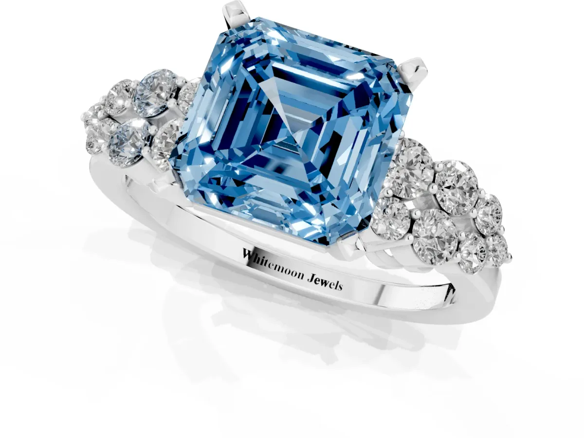 Fancy Blue Asscher Cut Cluster Diamond Engagement Ring with Pavé Band and Four-Prong Setting Silver