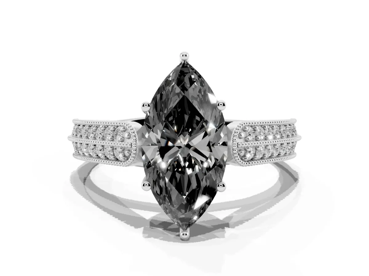 Fancy Black Marquise Cut Cut Pave Split Shank Engagement Ring with Four-Prong Setting White gold