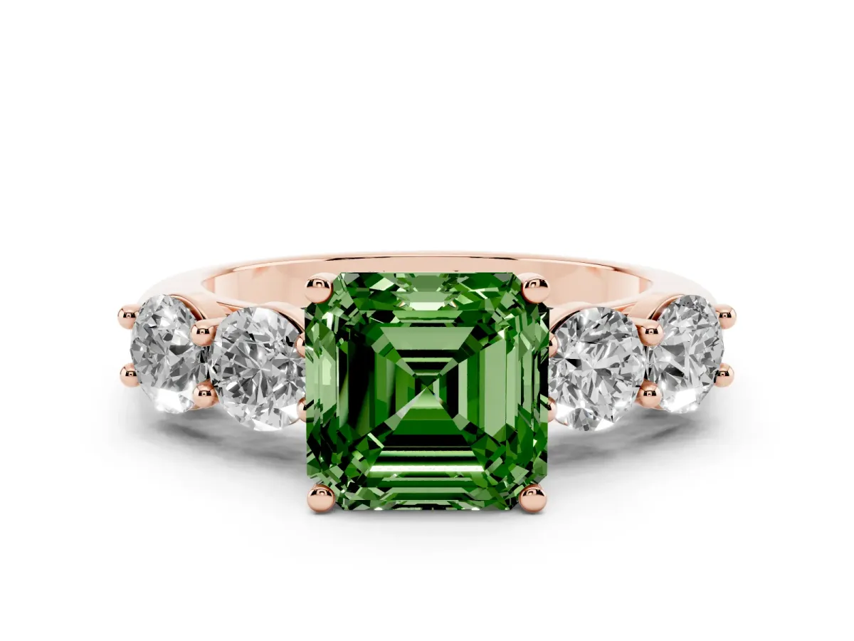 Fancy Green Asscher Cut Cut Five-Stone Prong Set Diamond Ring with Classic Band Rose gold