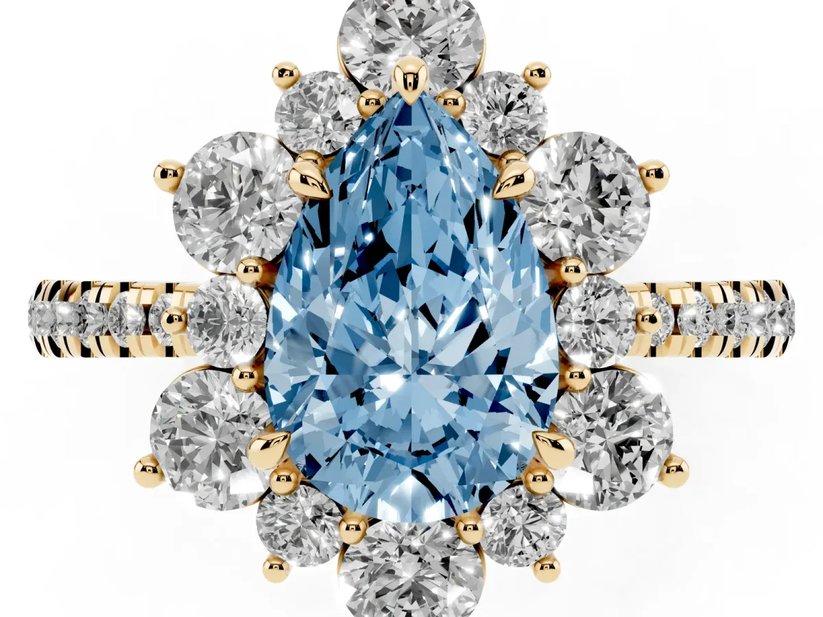Fancy Blue Pear Cut Diamond Floral Halo Ring with Round Pavé Band and Prong Setting Yellow gold