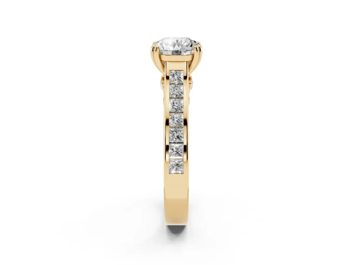 Round Cut Cut Channel Set Solitaire Engagement Ring with Prong Setting Yellow gold