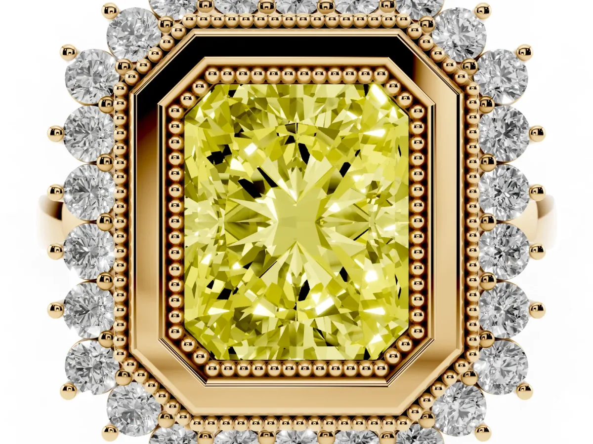 Fancy Yellow Radiant Cut Halo Diamond Ring with Milgrain Edge and Round Prong Setting Yellow gold