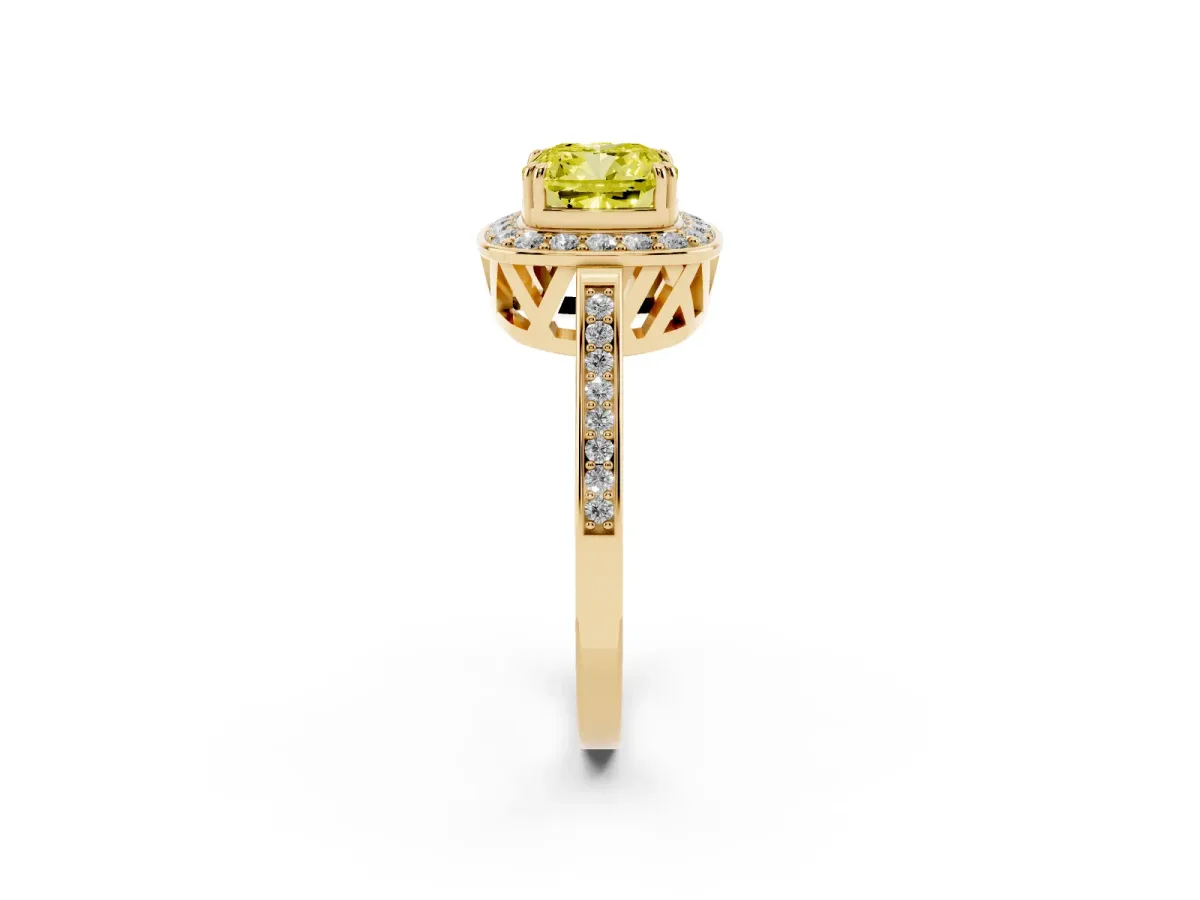 Fancy Yellow Cushion Cut Diamond Halo Ring with Split Shank and Four-Prong Setting Yellow gold