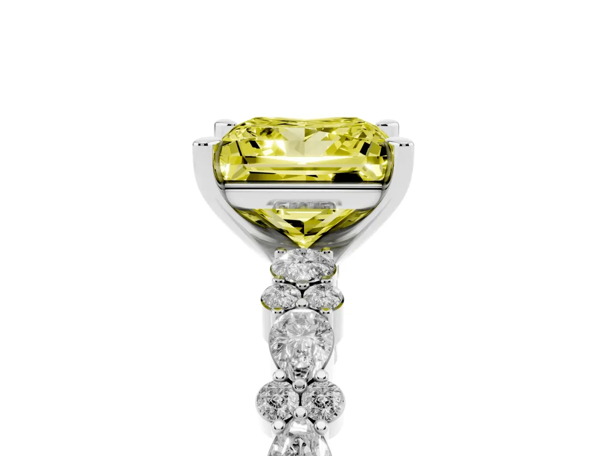 Fancy Yellow Princess Cut Diamond Side Stone Solitaire Ring with Round and Four-Prong Setting Silver