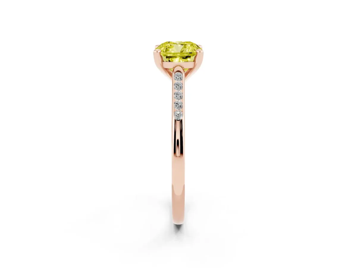 Fancy Yellow Cushion Cut Diamond Solitaire Ring with Channel Set Round Band and Prong Setting Rose gold