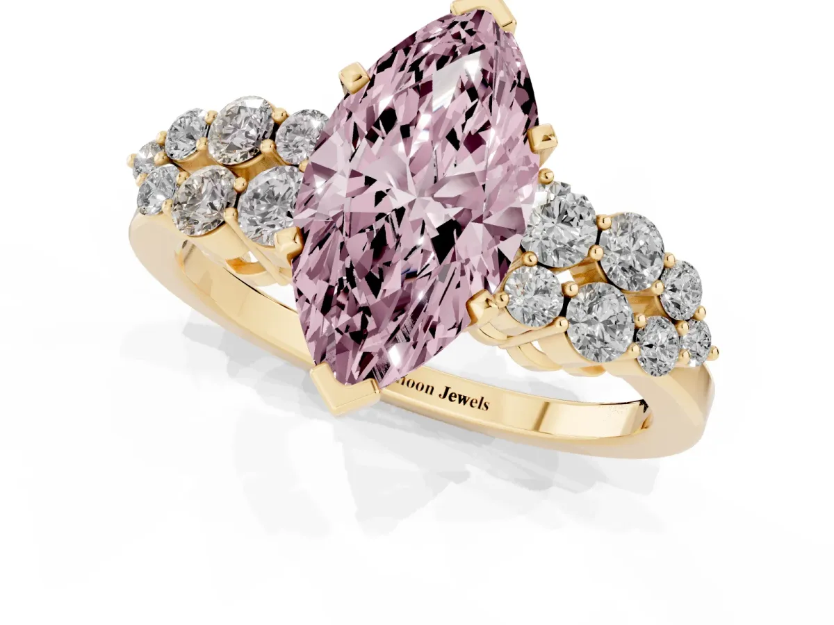 Fancy Pink Marquise Cut Cluster Diamond Engagement Ring with Pavé Band and Four-Prong Setting Yellow gold
