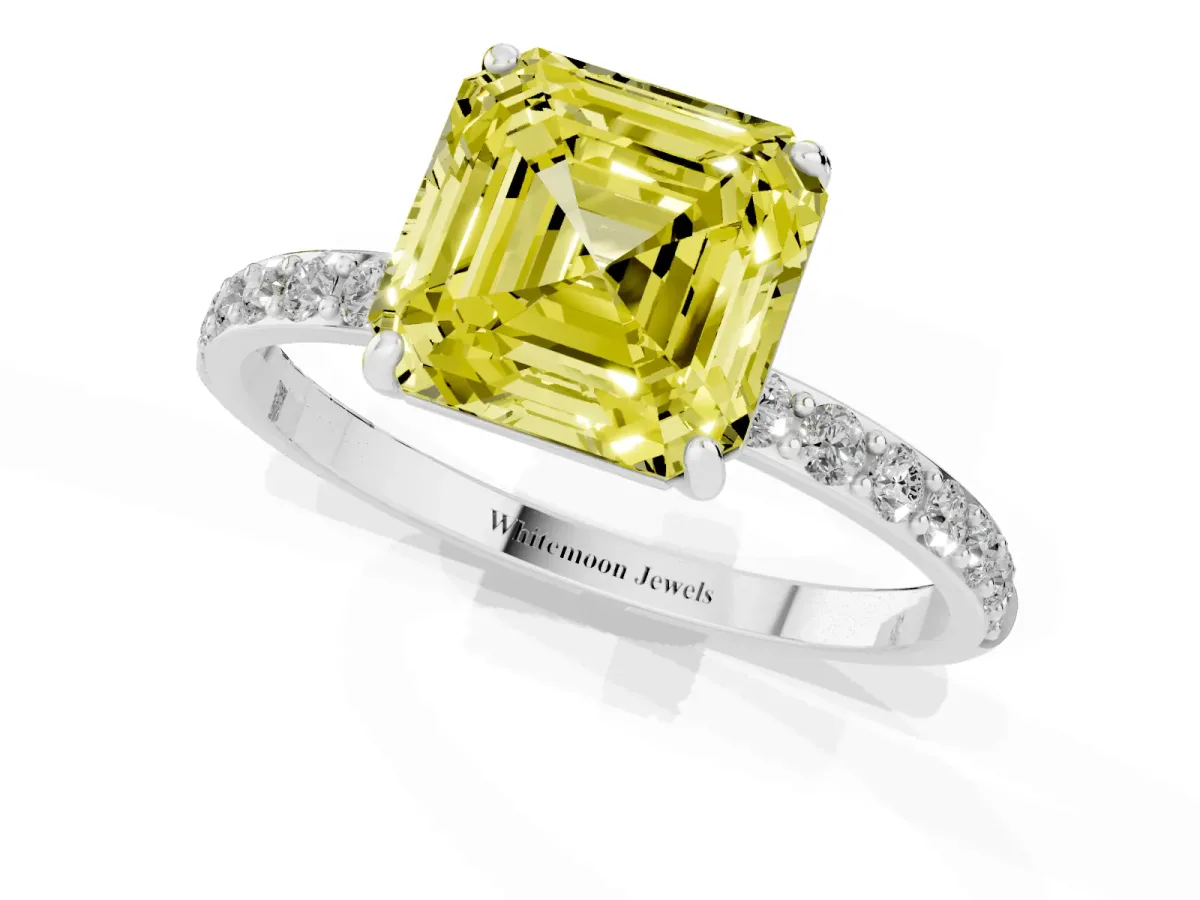 Fancy Yellow Asscher Cut Diamond Solitaire Ring with Round Pavé Shoulders and Prong Setting Silver