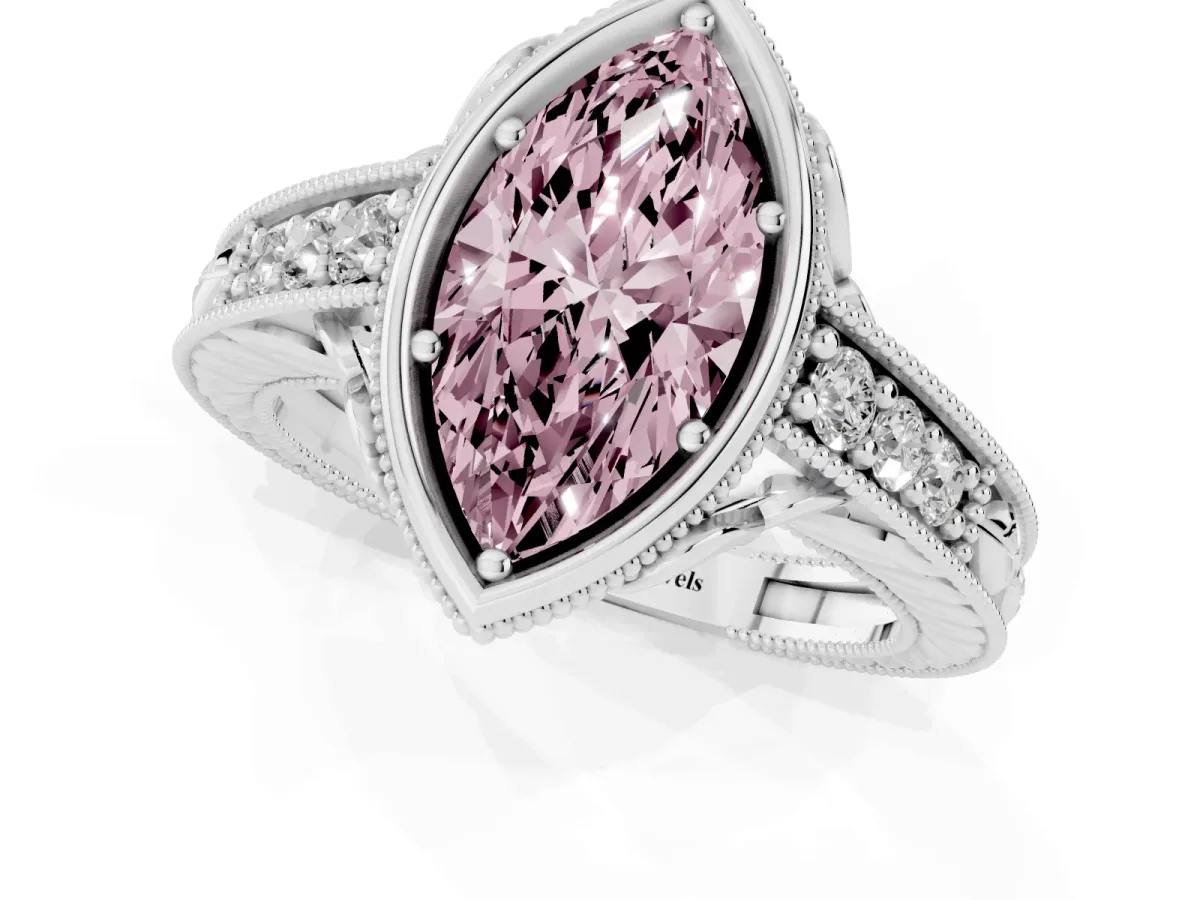 Fancy Pink Bezel Set Marquise Cut Diamond Milgrain Pave Engagement Ring Silver
