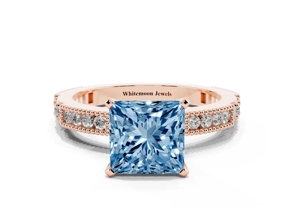 Fancy Blue Princess Cut Solitaire with Pavé Band and Four-Prong Setting Rose gold