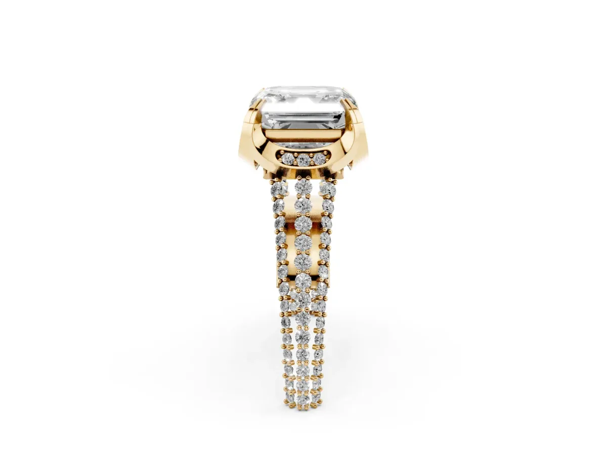 Asscher Cut Solitaire Pave Split Shank Ring with Four-Prong Setting Yellow gold