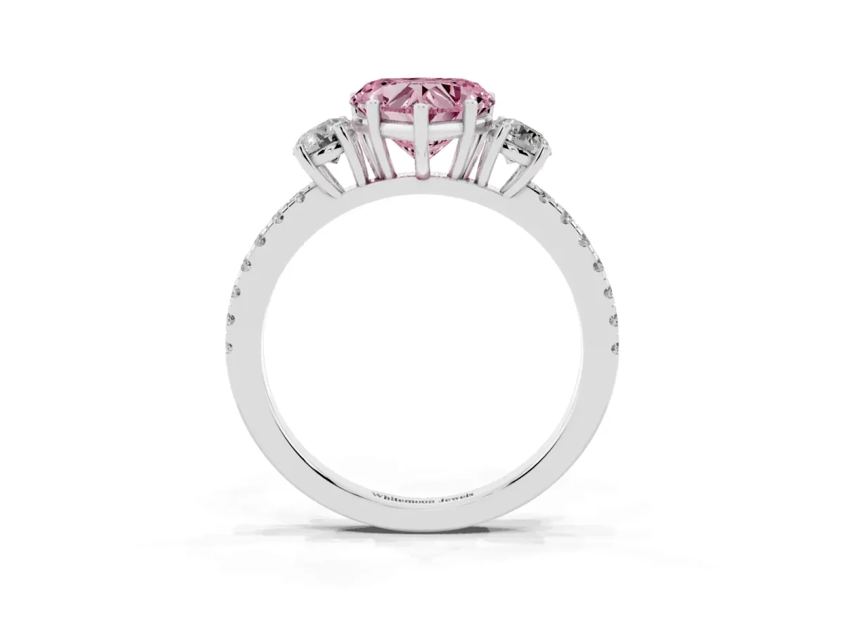 Fancy Pink Three-Stone Heart Cut Cut Diamond Pavé Band with Prong Setting Silver