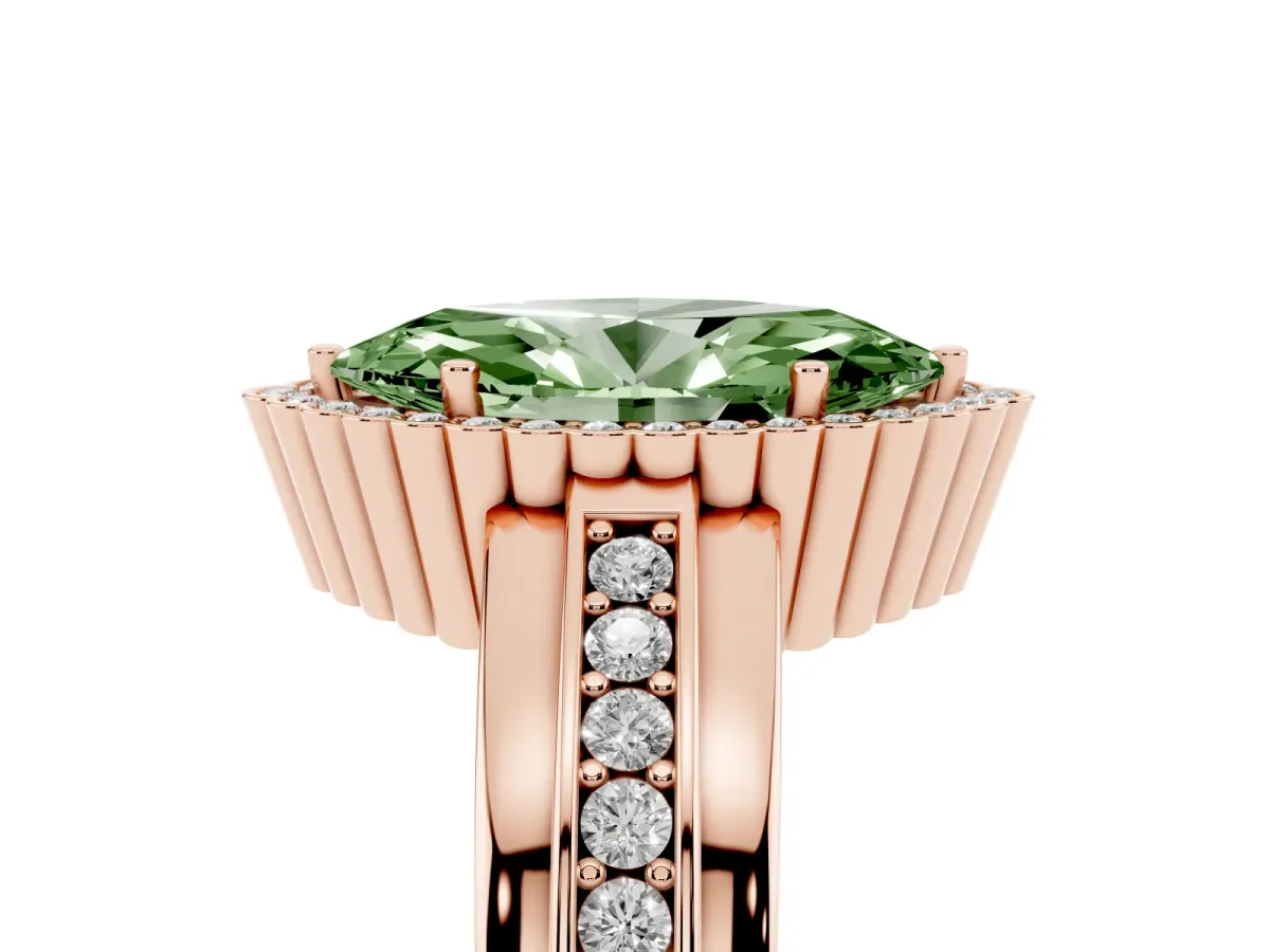 Fancy Green Marquise Cut Cut Halo Pave Band Four-Prong Ring Rose gold