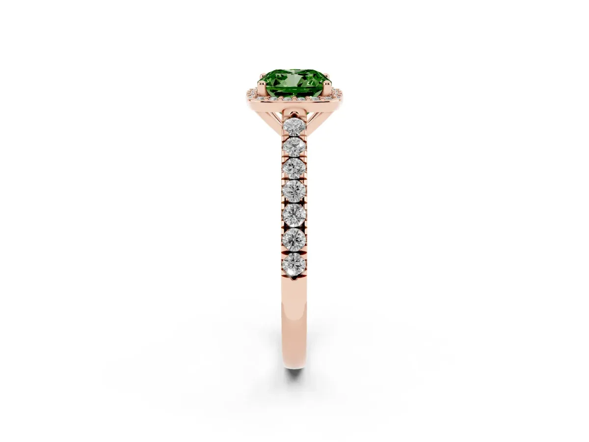 Fancy Green Cushion Cut Cut Halo Diamond Engagement Ring with Pave Band and Four-Prong Setting Rose gold