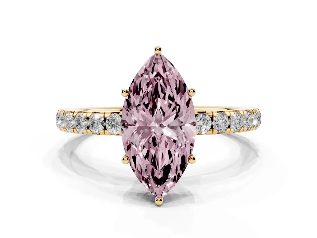 Fancy Pink Marquise Cut Diamond Pavé Solitaire Engagement Ring with Four-Prong Setting Yellow gold