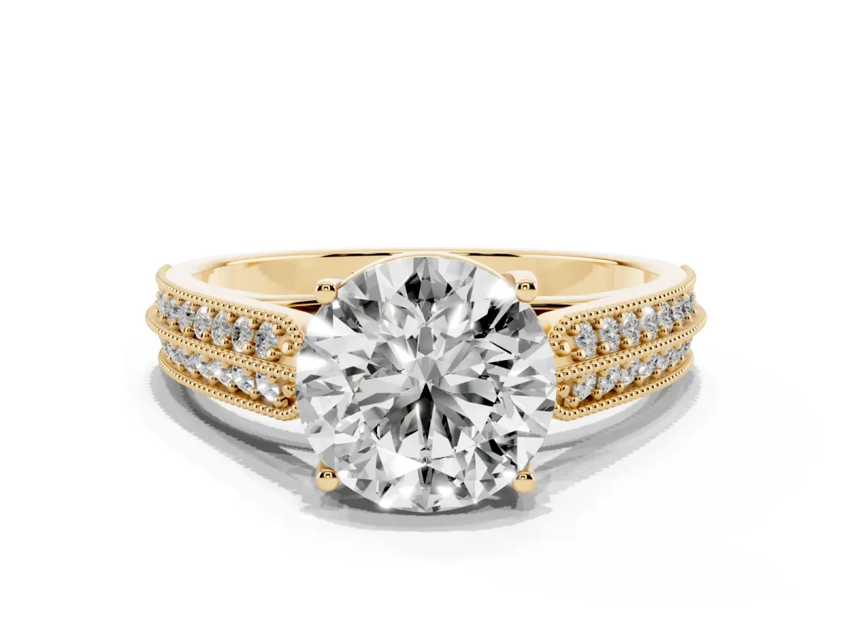 Round Cut Cut Pave Split Shank Engagement Ring with Four-Prong Setting Yellow gold