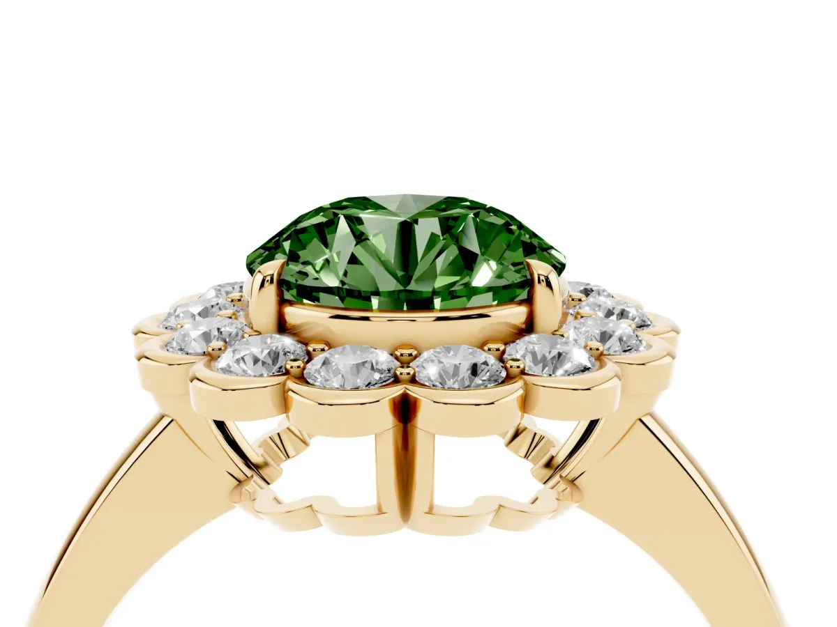 Fancy Green Round Cut Halo Cluster Diamond Engagement Ring with Solitaire Band and Prong Setting Yellow gold