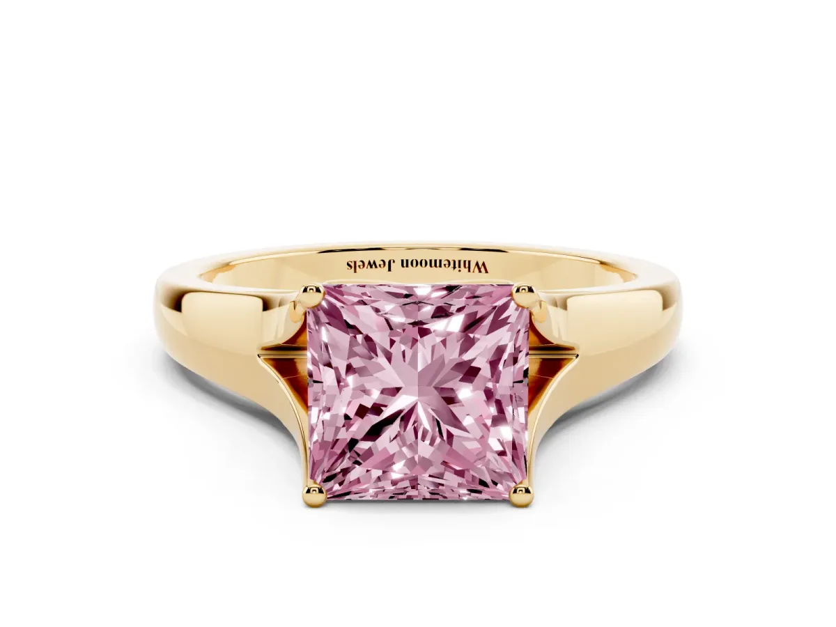 Fancy Pink Princess Cut Solitaire Diamond Ring with Cathedral Band and Four-Prong Setting Yellow gold