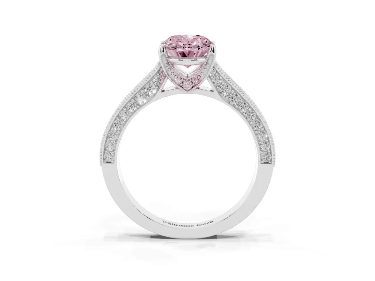 Fancy Pink Oval Cut Cut Diamond Solitaire Ring with Milgrain Pave Band and Four Prong Setting Silver