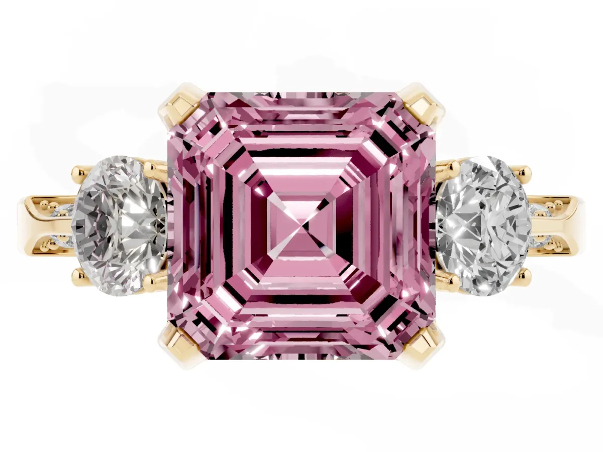 Fancy Pink Asscher Cut Brilliant Three-Stone Diamond Ring with Pavé Band and Four-Prong Setting Yellow gold