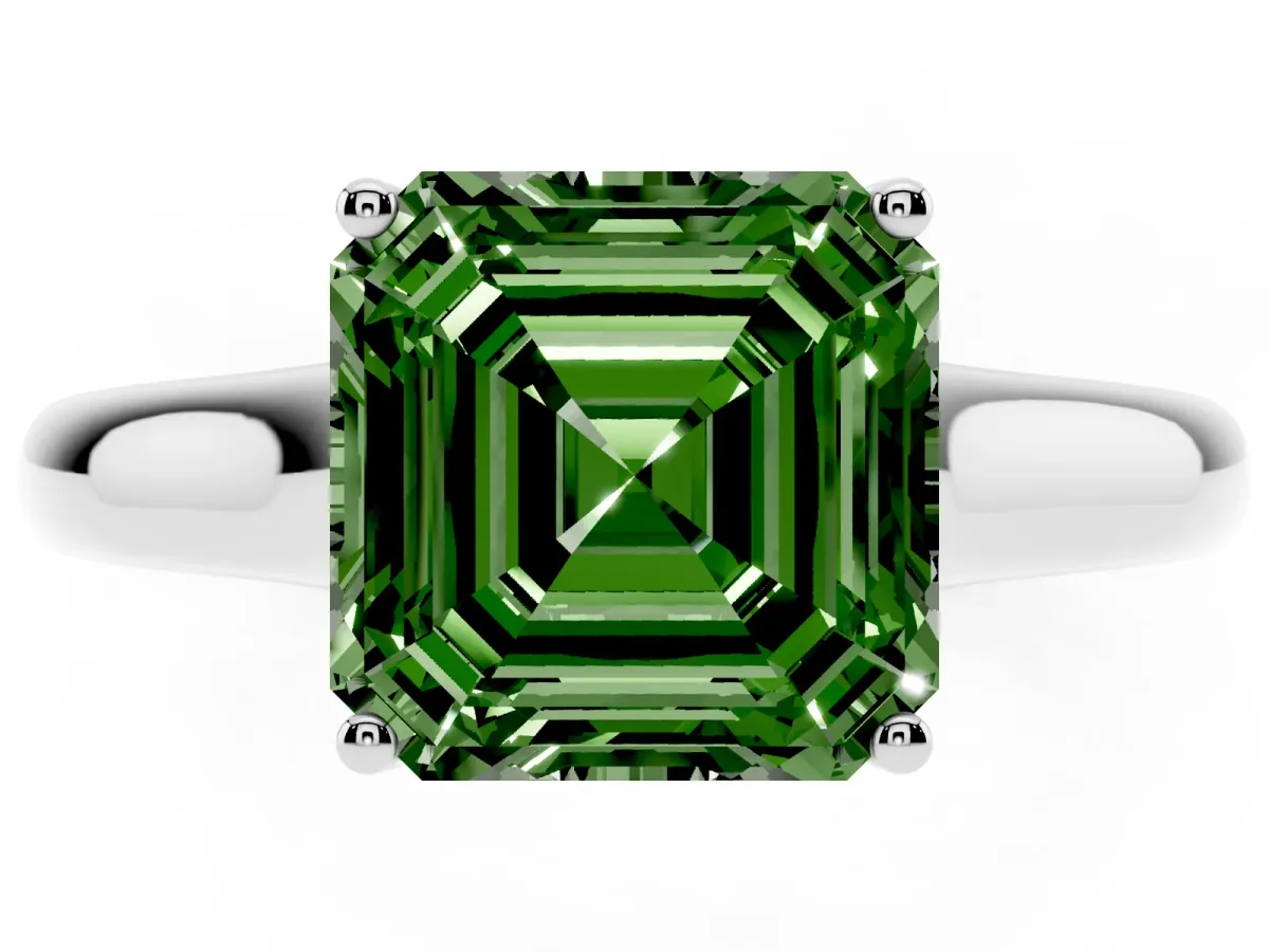 Fancy Green Asscher Cut Solitaire Engagement Ring with Tapered Band and Four-Prong Setting Silver
