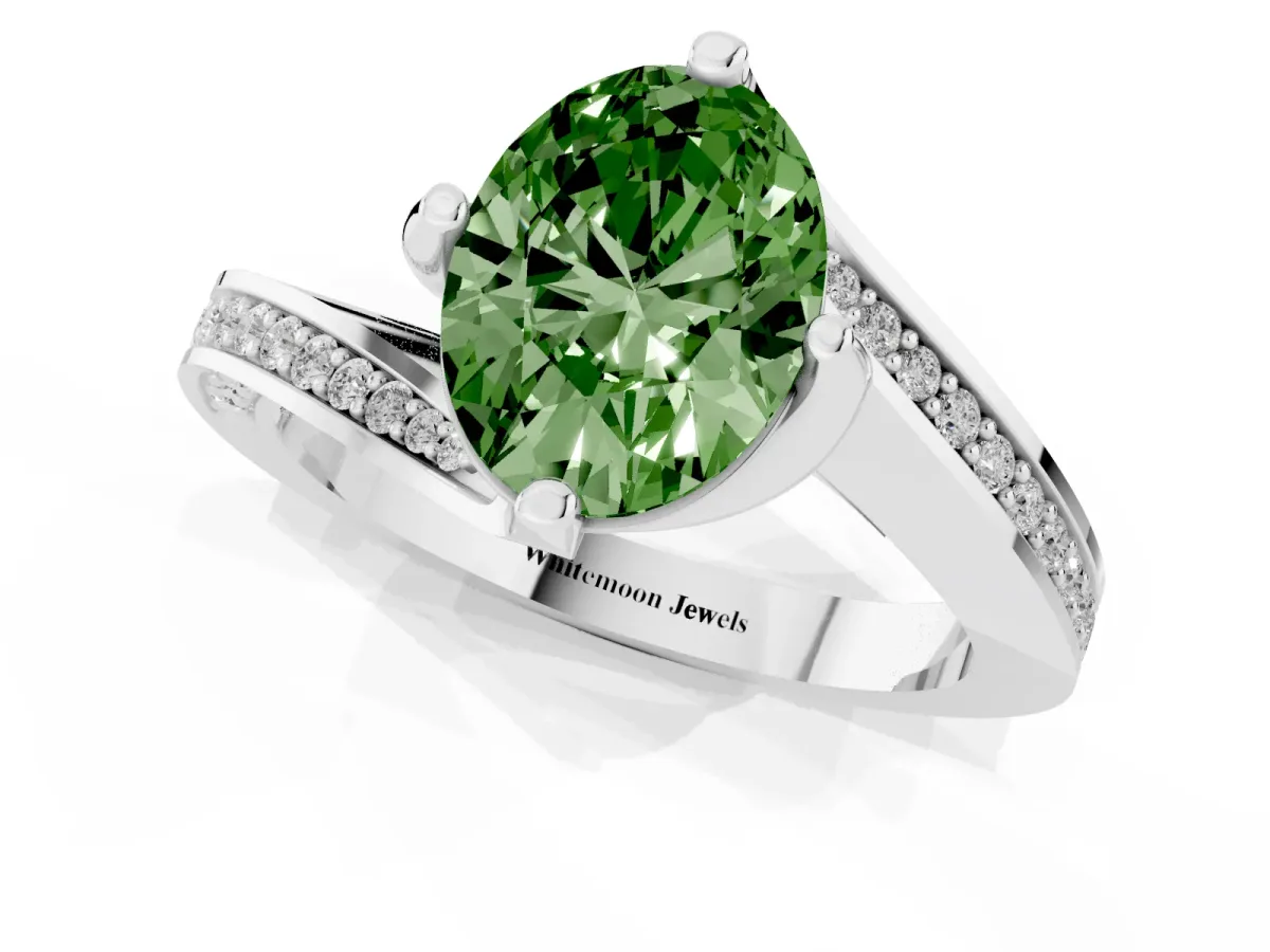 Fancy Green Oval Cut Solitaire Diamond Twist Band with Pavé Setting and Four-Prong Setting Silver