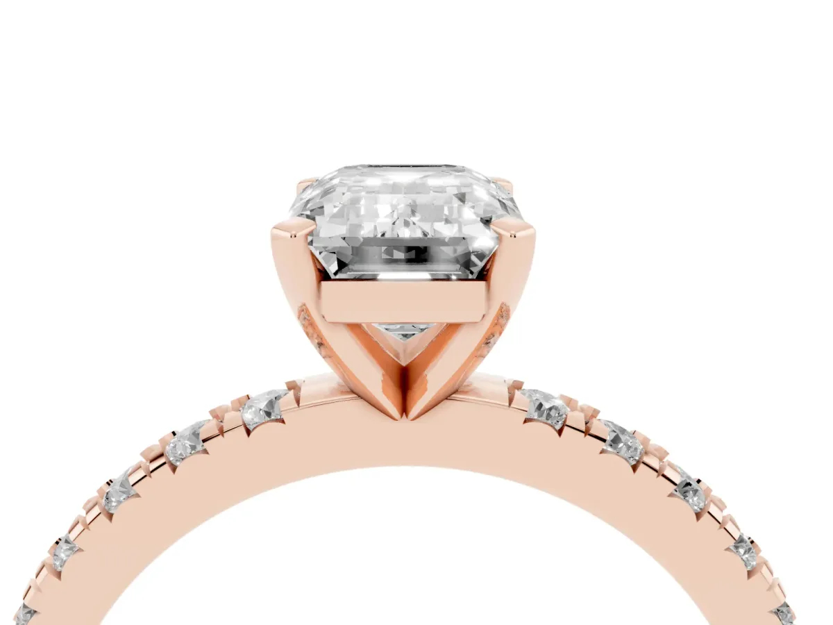 Emerald Cut Diamond Pavé Band Solitaire with Four-Prong Setting Rose gold