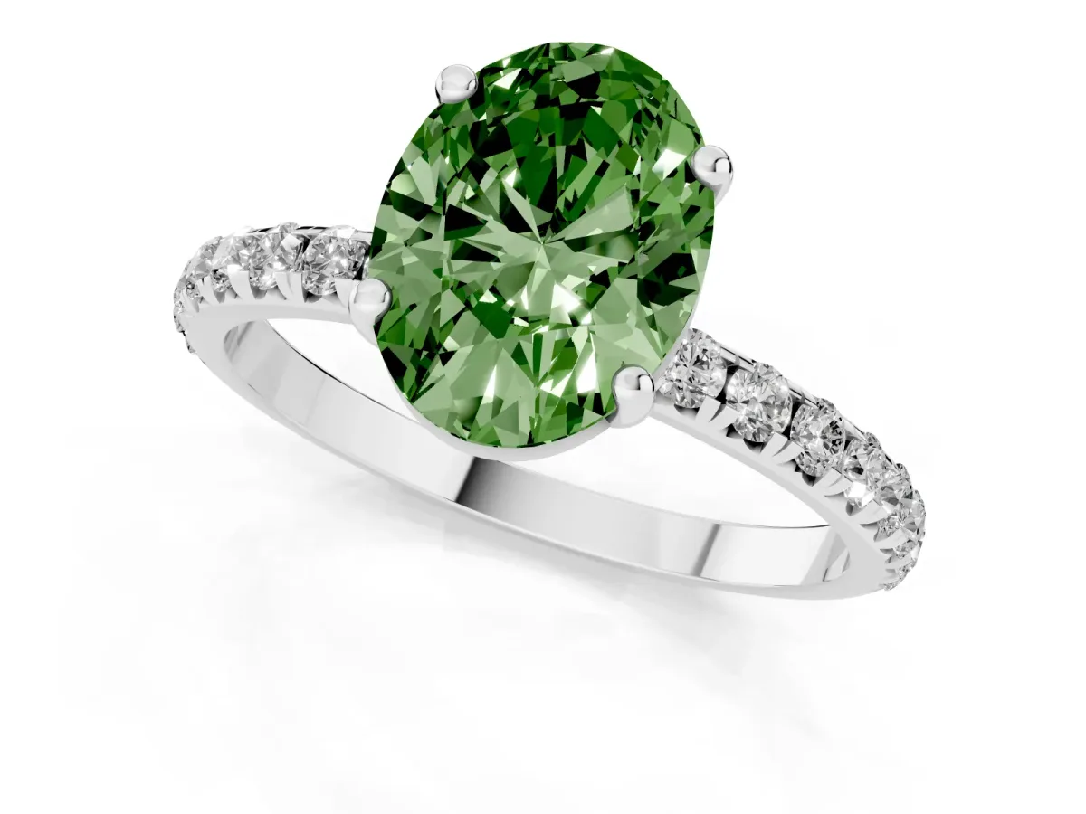 Fancy Green Oval Cut Cut Diamond Solitaire Ring with Micro Pave Band and Four Prong Setting Silver