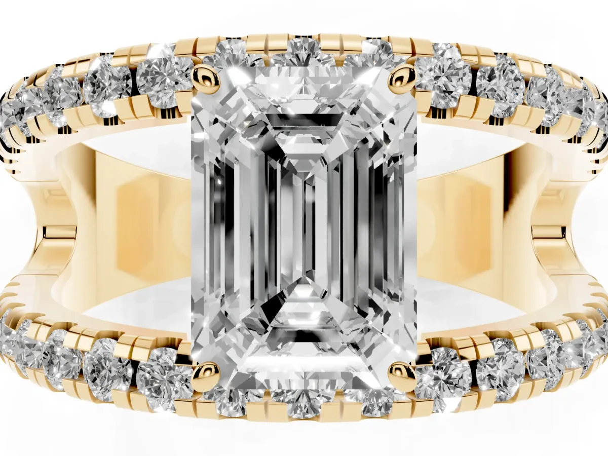 Emerald Cut Solitaire Split Shank Pave Diamond Ring Yellow gold