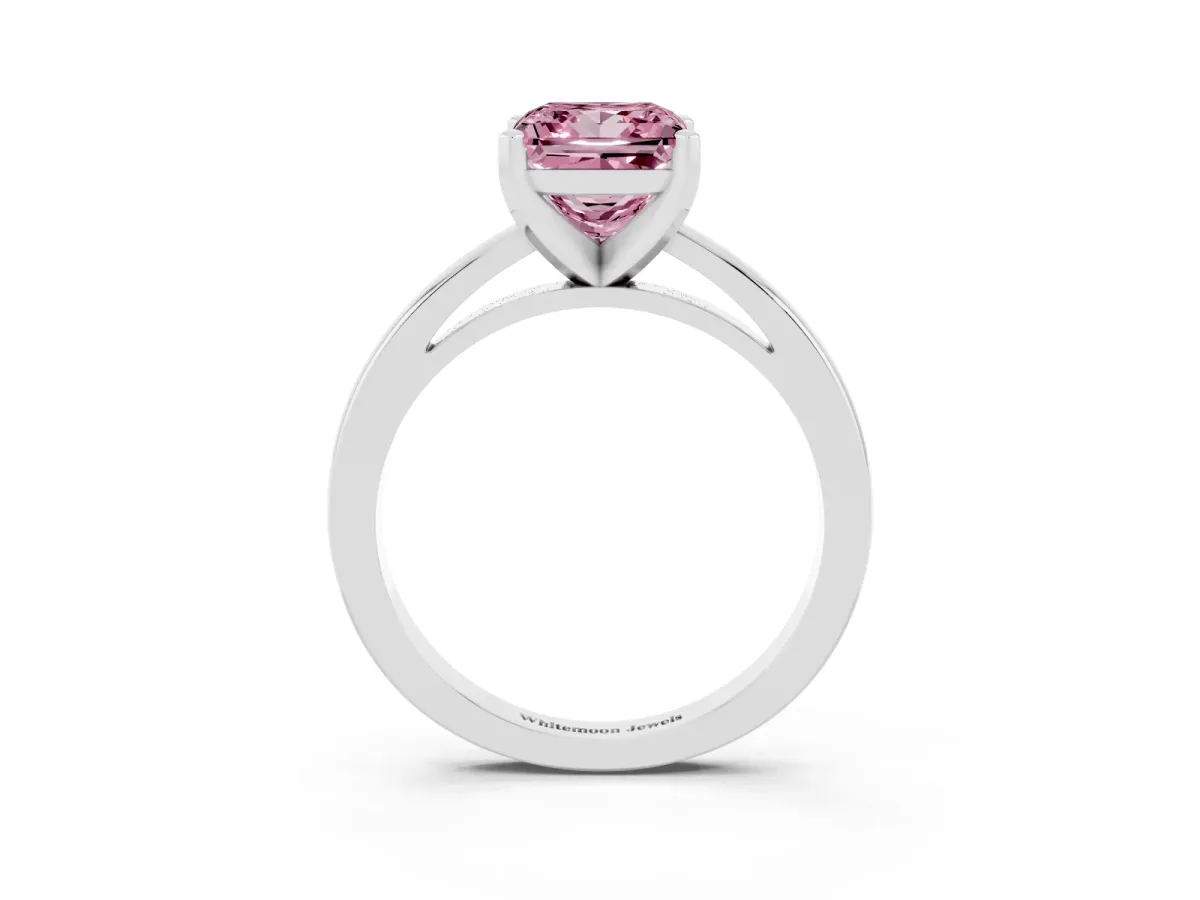 Fancy Pink Princess Cut Solitaire Diamond Engagement Ring with Four-Prong Setting on a Classic Band Silver