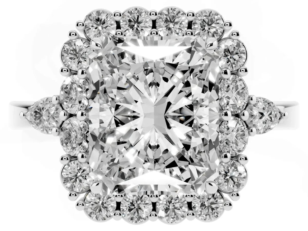 Radiant Cut Diamond Halo Ring with Pear Side Stones and Prong Setting Silver