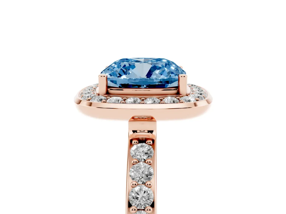 Fancy Blue Cushion Cut Diamond Halo Ring with Bezel Frame and Pavé Band Rose gold