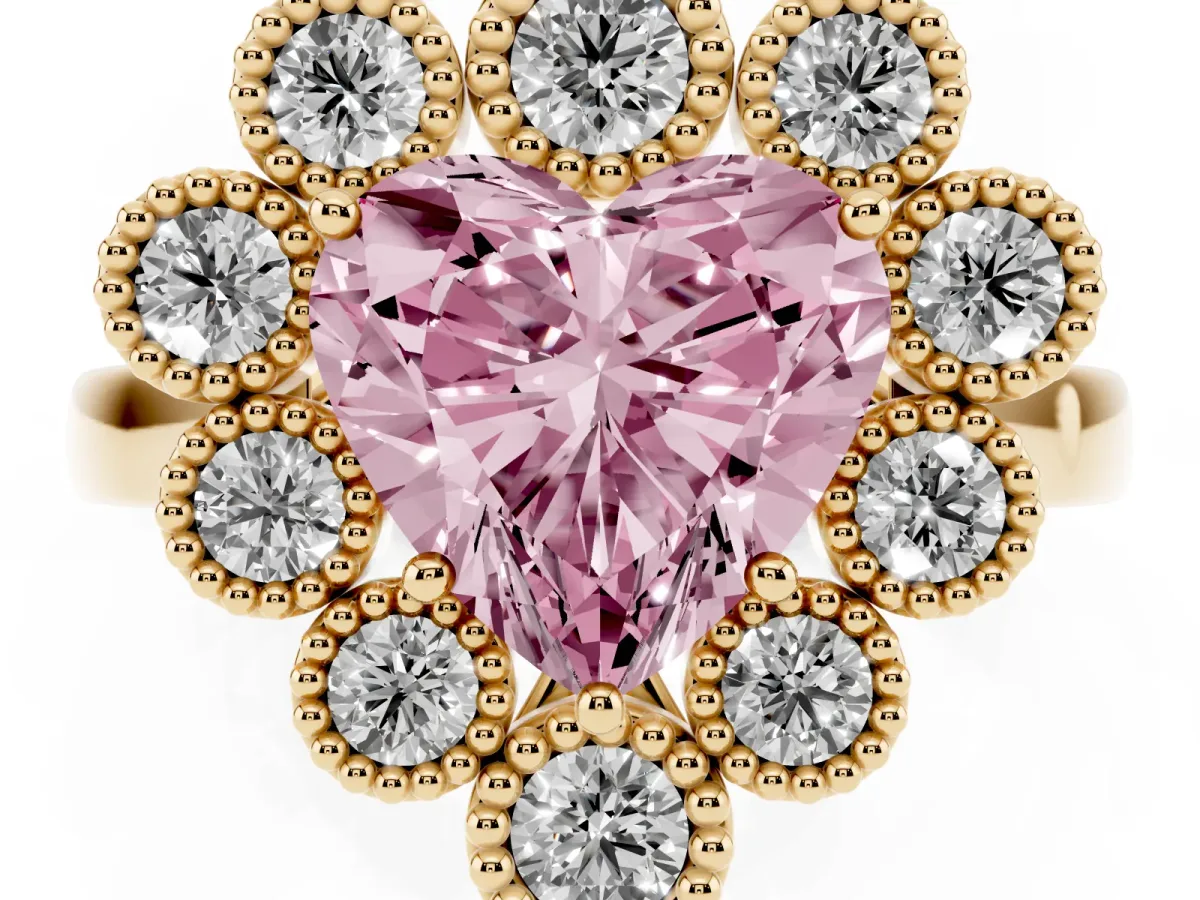 Fancy Pink Heart Cut Halo Diamond Cluster Engagement Ring with Milgrain Bezel Setting and Solitaire Band Yellow gold