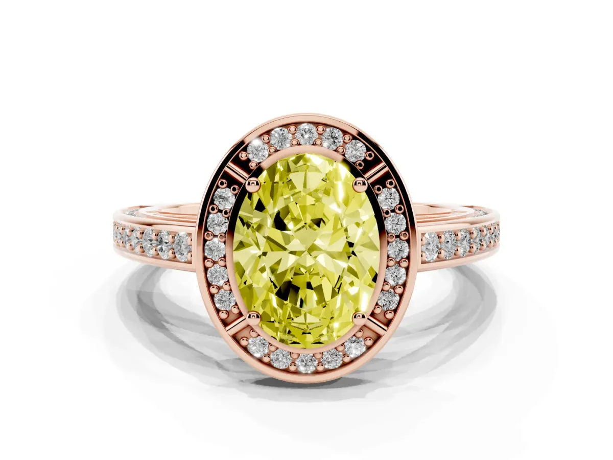 Fancy Yellow Oval Cut Cut Halo Pave Split Shank Prong Setting Ring Rose gold