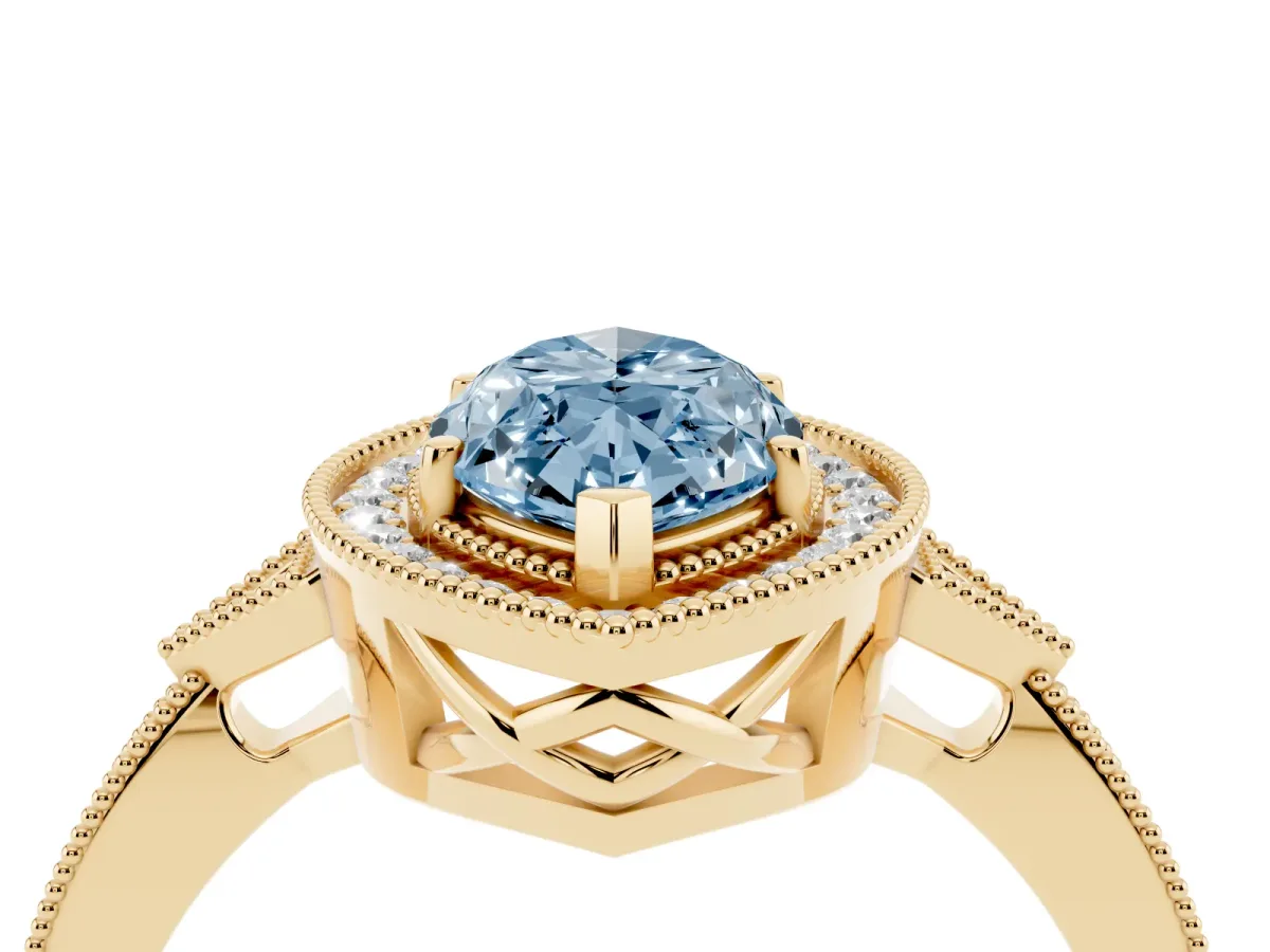 Fancy Blue Marquise Cut Halo Round Diamond Milgrain Pave Engagement Ring Yellow gold