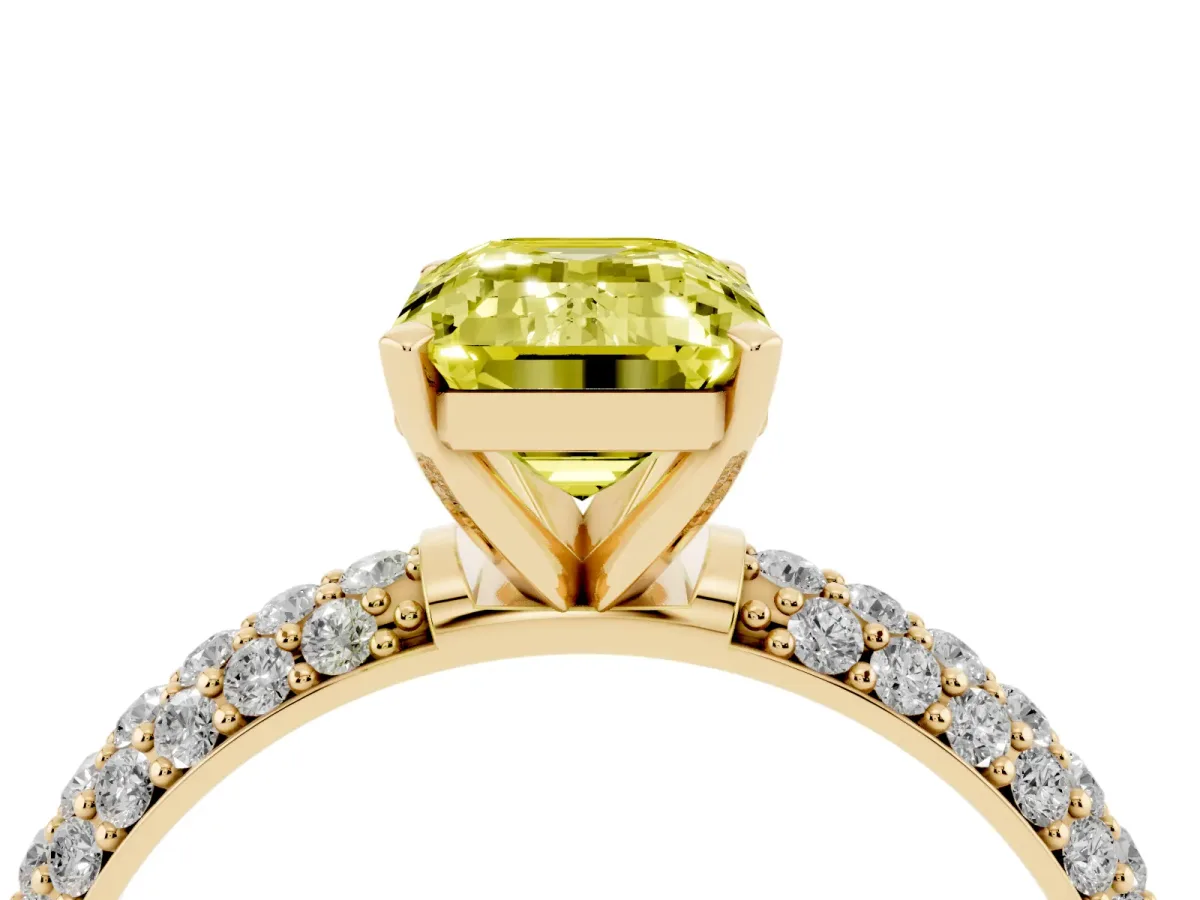 Fancy Yellow Emerald Cut Diamond Solitaire Ring with Prong Setting and Pavé Band Yellow gold
