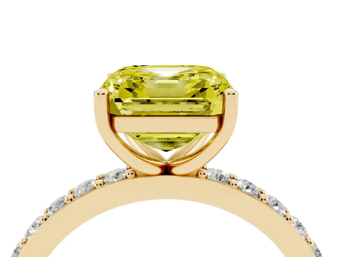 Fancy Yellow Asscher Cut Cut Diamond Solitaire with Pave Band and Four-Prong Setting Yellow gold
