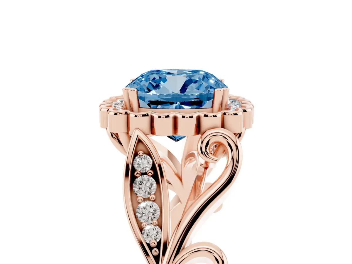 Fancy Blue Cushion Cut Diamond Halo Ring with Vintage Split Shank and Four-Prong Setting Rose gold