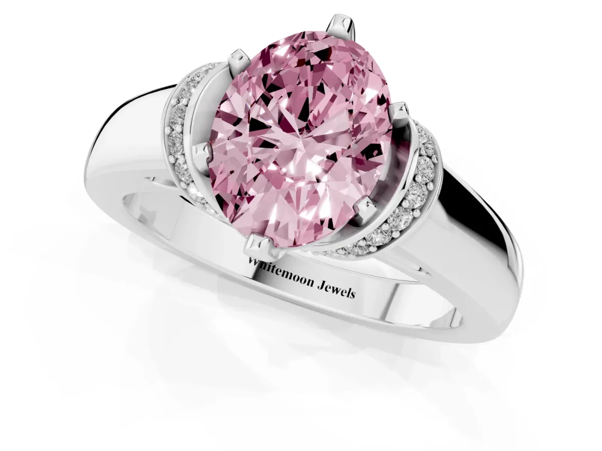 Fancy Pink Oval Cut Solitaire Diamond Ring with Pave Band and Six-Prong Setting Silver