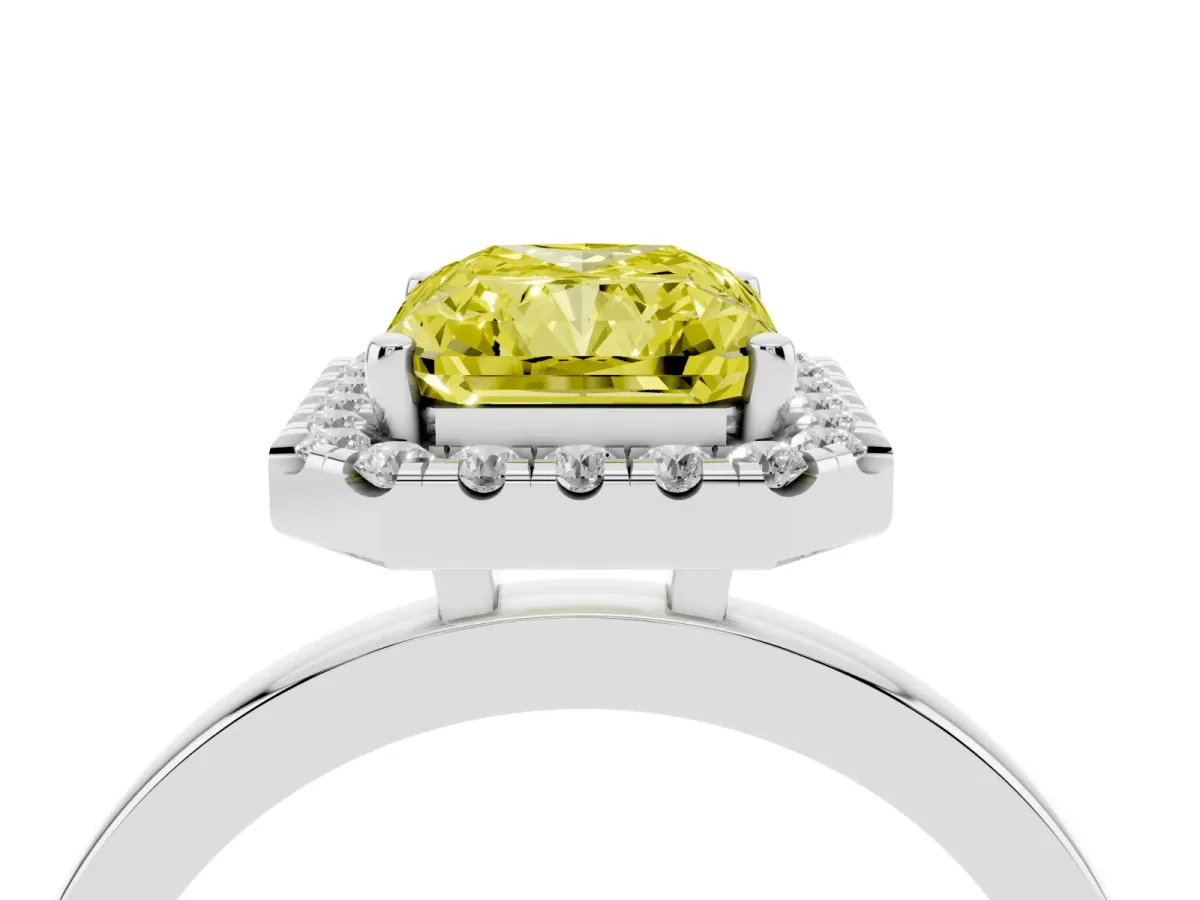 Fancy Yellow Radiant Cut Halo Diamond Solitaire with Pavé Band and Four-Prong Setting Platinum