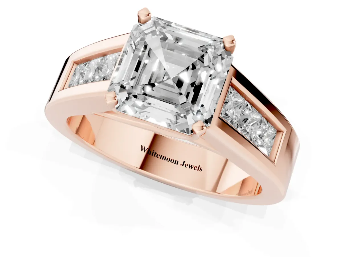 Asscher Cut Cut Channel Set Solitaire Ring with Four-Prong Setting Rose gold