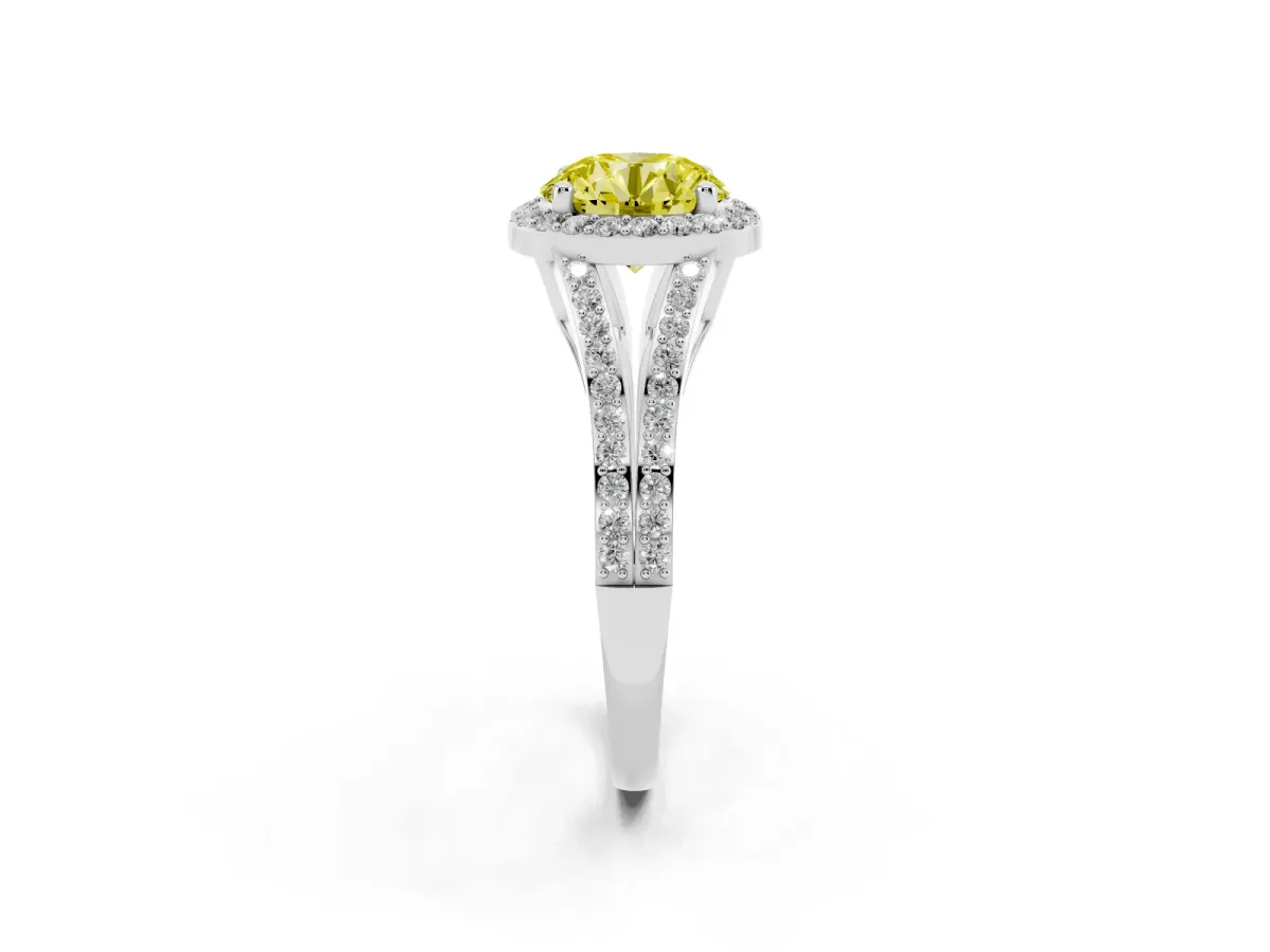 Fancy Yellow Round Cut Halo Split Shank Diamond Ring with Prong Setting Silver
