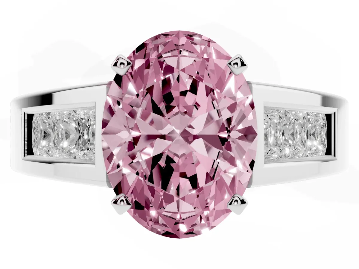 Fancy Pink Oval Cut Cut Channel Set Solitaire Ring with Four-Prong Setting Platinum