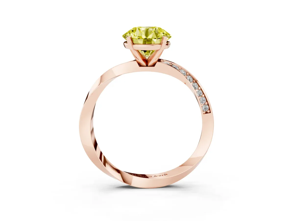 Fancy Yellow Round Cut Diamond Engagement Ring with Side Stone Accents and Four-Prong Setting Rose gold
