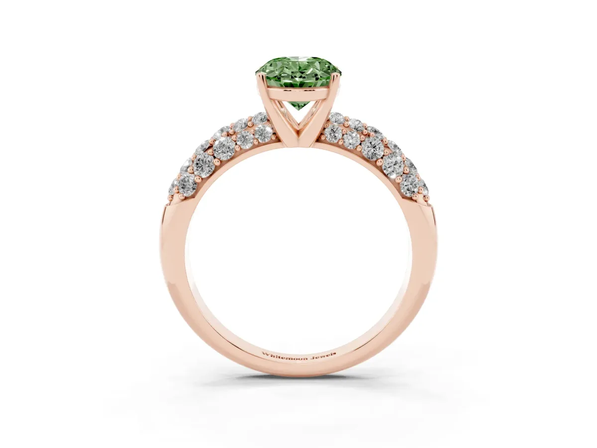 Fancy Green Oval Cut Diamond Pavé Band Solitaire Ring with Four-Prong Setting Rose gold