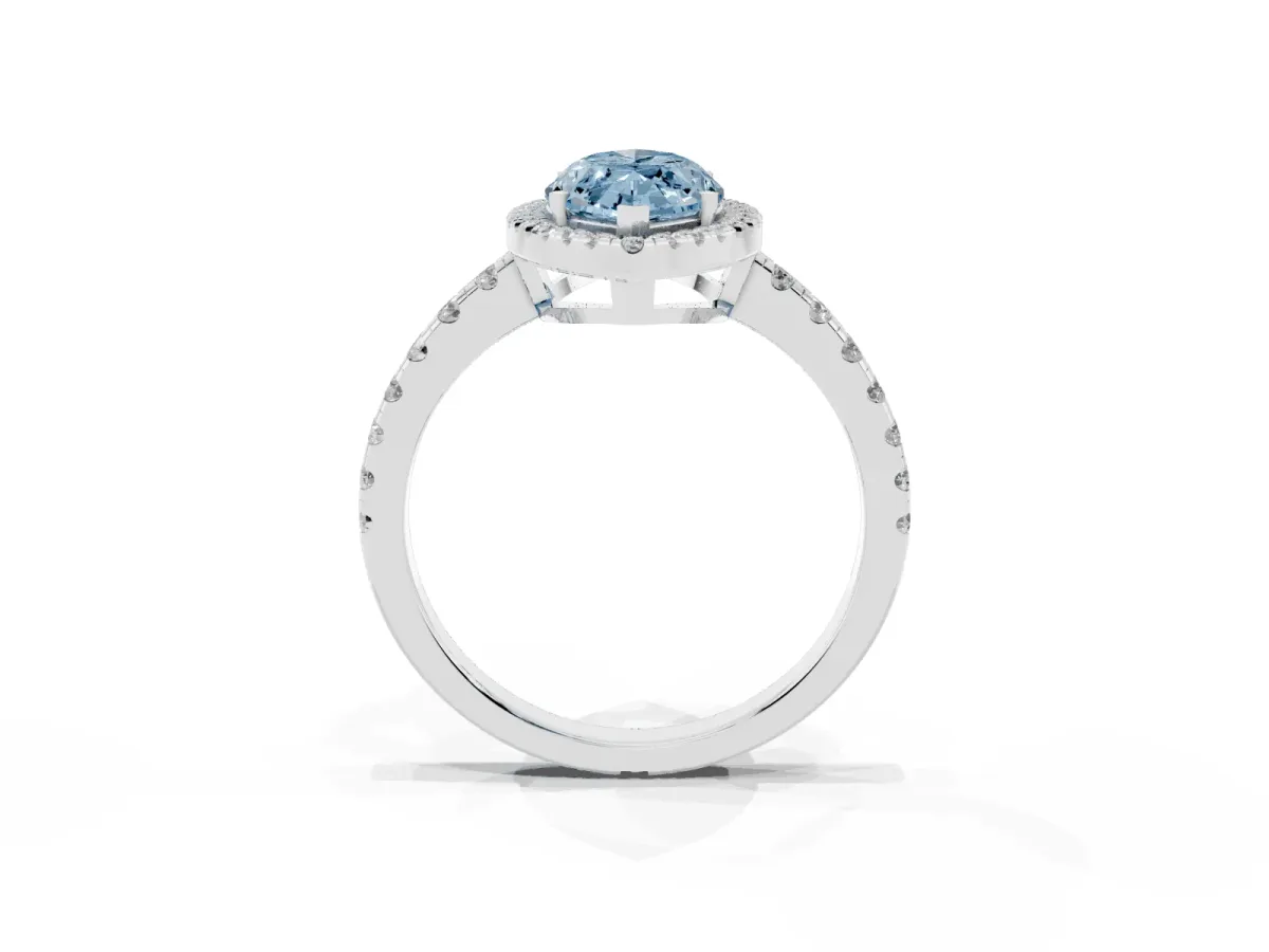 Fancy Blue Marquise Cut Diamond Halo Ring with Pavé Band and Four-Prong Setting White gold