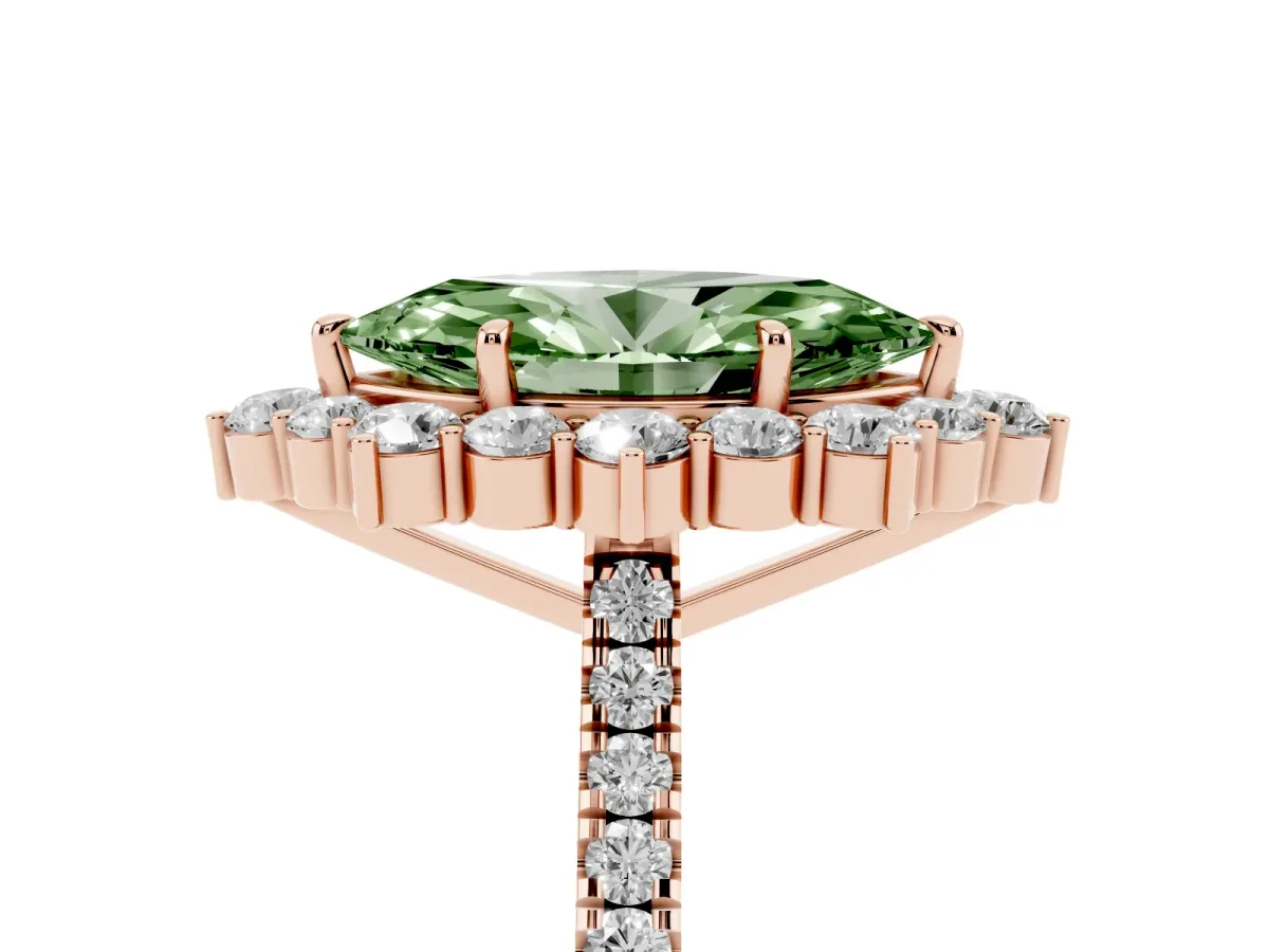 Fancy Green Marquise Cut Halo Diamond Ring with Pavé Band and Prong Setting Rose gold