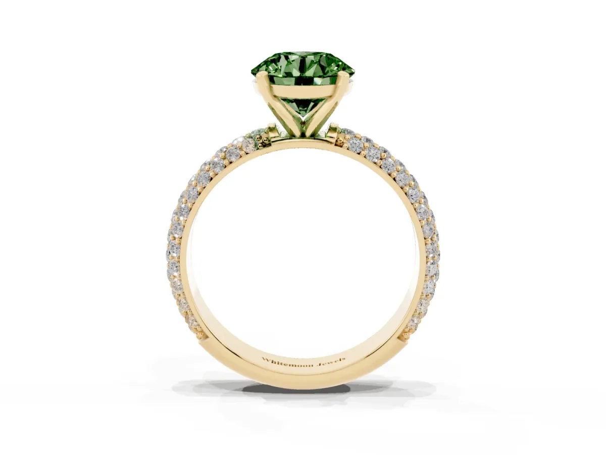 Fancy Green Round Cut Diamond Solitaire Ring with Prong Setting and Pavé Band Yellow gold